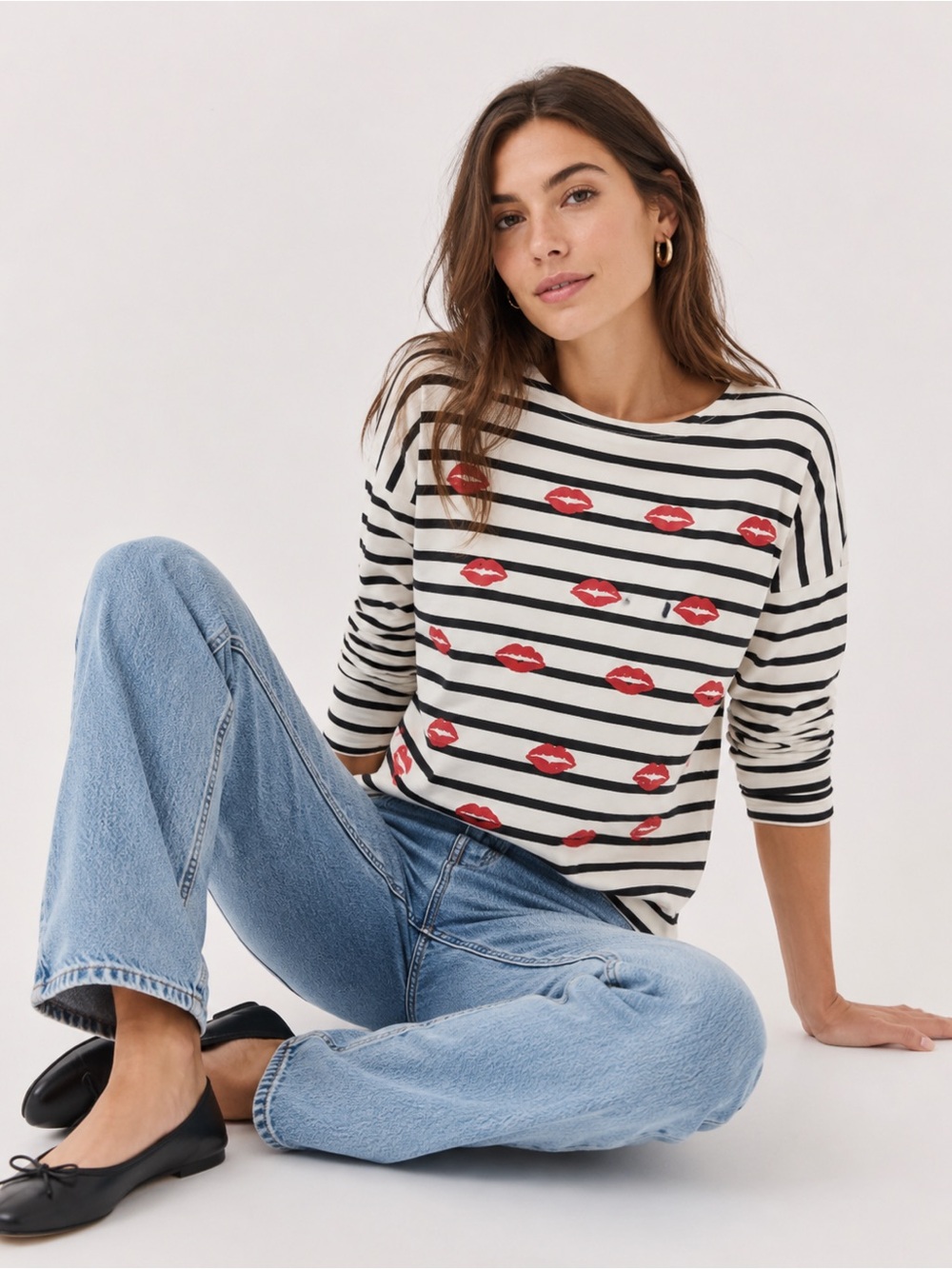 J Crew Striped Long Sleeve Top Lips Kiss Embroidered Boxy T-Shirt Valentines XXL